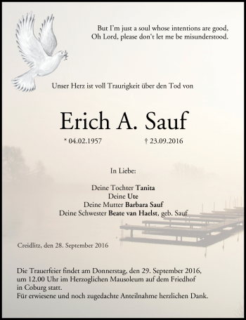 Traueranzeige von Erich Sauf von Neue Presse Coburg