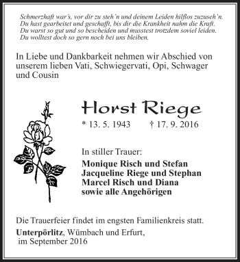 Traueranzeige von Horst Riege von Südthüringer Presse