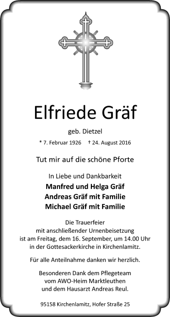Traueranzeige von Elfriede Gräf von Frankenpost