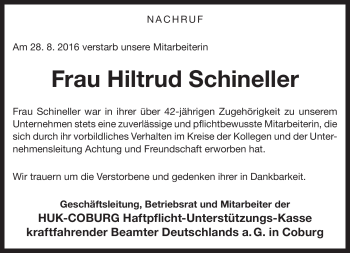 Traueranzeige von Hiltrud Schineller von Neue Presse Coburg