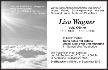 Traueranzeige von Lisa Wagner von Südthüringer Presse