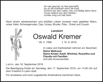Traueranzeige von Oswald Kremer von Neue Presse Coburg