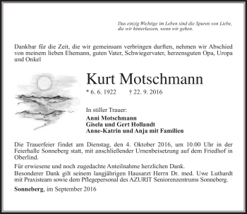 Traueranzeige von Kurt Motschmann von Südthüringer Presse