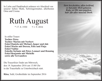 Traueranzeige von Ruth August von Südthüringer Presse