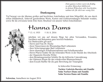 Traueranzeige von Hanna Dams von Südthüringer Presse
