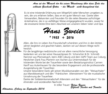 Traueranzeige von Hans Zweier von Neue Presse Coburg