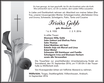 Traueranzeige von Frieda Gebh von Südthüringer Presse