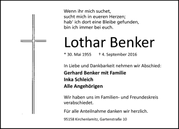Traueranzeige von Lothar Benker von Frankenpost