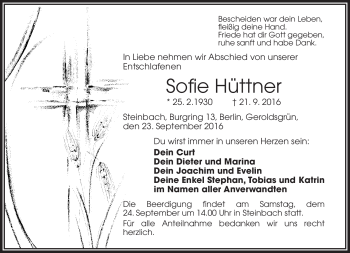 Traueranzeige von Sofie Hüttner von Frankenpost