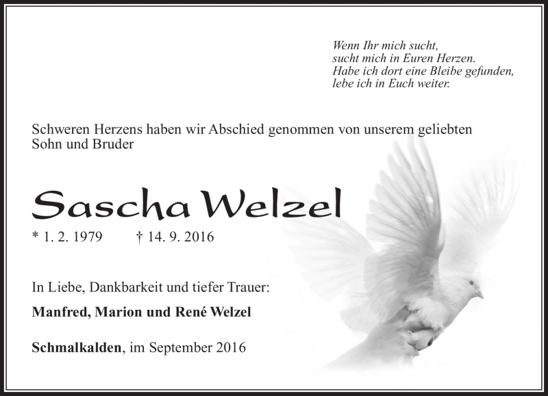  Traueranzeige für Welzel Sascha vom 27.09.2016 aus Südthüringer Presse