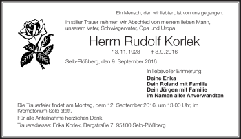 Traueranzeige von Rudolf Korlek von Frankenpost