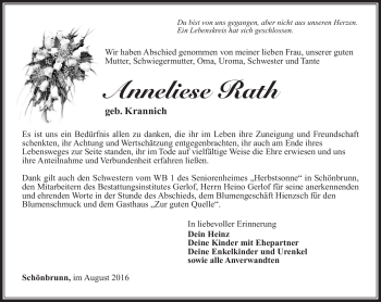 Traueranzeige von Anneliese Rath von Südthüringer Presse