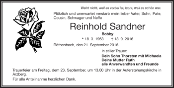 Traueranzeige von Reinhold Sandner von Frankenpost