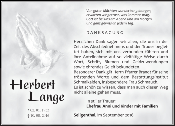 Traueranzeige von Herbert Lange von Südthüringer Presse