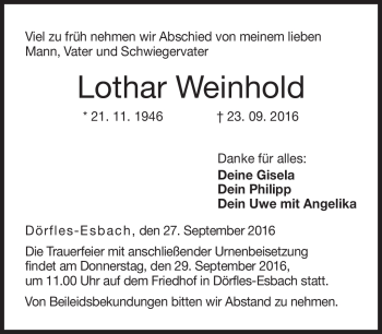 Traueranzeige von Lothar Weinhold von Neue Presse Coburg