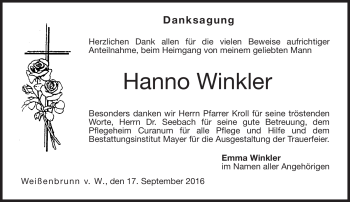 Traueranzeige von Hanno Winkler von Neue Presse Coburg