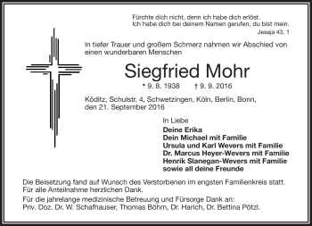 Traueranzeige von Siegfried Mohr von Frankenpost