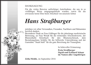 Traueranzeige von Hans Straßburger von Südthüringer Presse