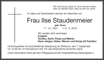 Traueranzeige von Ilse Staudenmeier von Frankenpost