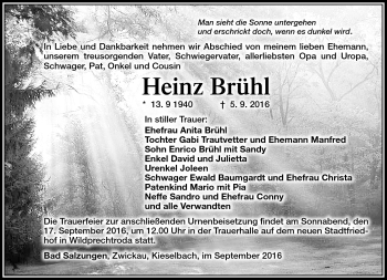 Traueranzeige von Heinz Brühl von Südthüringer Presse