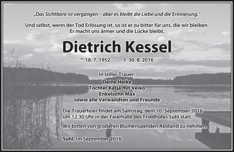  Traueranzeige für Dietrich Kessel vom 03.09.2016 aus Südthüringer Presse