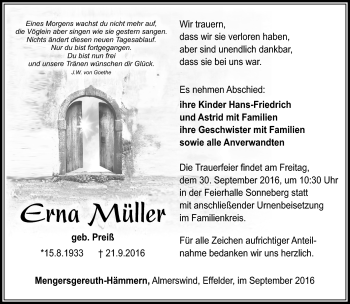 Traueranzeige von Erna Müller von Südthüringer Presse