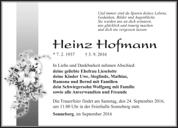 Traueranzeige von Heinz Hofmann von Südthüringer Presse