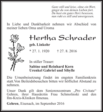 Traueranzeige von Hertha Schrader von Südthüringer Presse