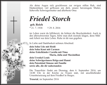 Traueranzeige von Friedel Storch von Südthüringer Presse