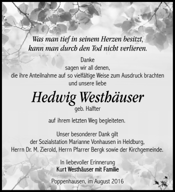 Traueranzeige von Hedwig Westhäuser von Südthüringer Presse