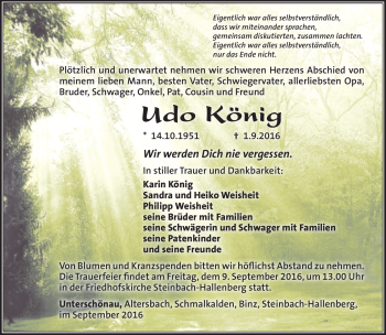 Traueranzeige von Udo König von Südthüringer Presse