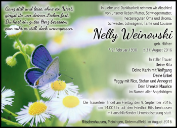 Traueranzeige von Nelly Weinovski von Südthüringer Presse
