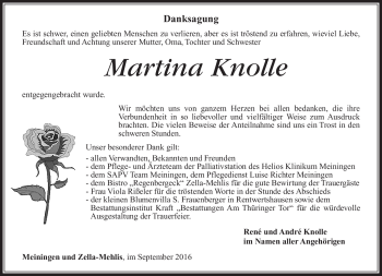 Traueranzeige von Martina Knolle von Südthüringer Presse