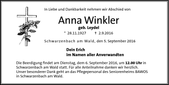 Traueranzeige von Anna Winkler von Frankenpost