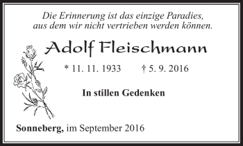 Traueranzeige von Adolf Fleischmann von Südthüringer Presse