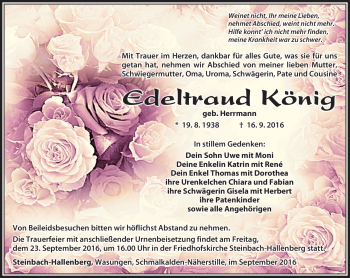Traueranzeige von Edeltraud König von Südthüringer Presse