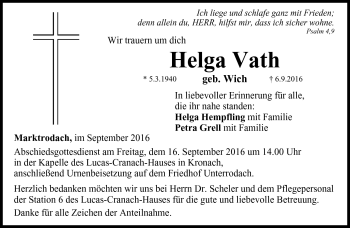 Traueranzeige von Helga Vath von Neue Presse Coburg