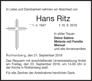 Traueranzeige von Hans Ritz von Neue Presse Coburg