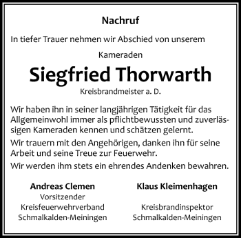 Traueranzeige von Siegfried Thorwarth von Südthüringer Presse