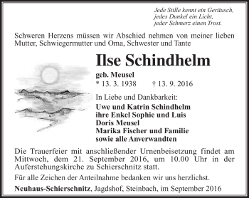 Traueranzeige von Ilse Schindhelm von Südthüringer Presse
