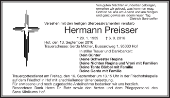 Traueranzeige von Hermann Preisser von Frankenpost