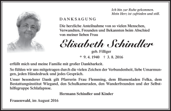 Traueranzeige von Schindler Elisabeth von Südthüringer Presse