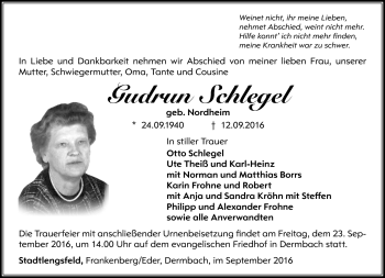 Traueranzeige von Gudrun Schlegel von Südthüringer Presse