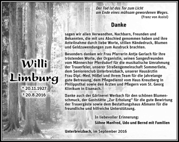 Traueranzeige von Willi Limburg von Südthüringer Presse