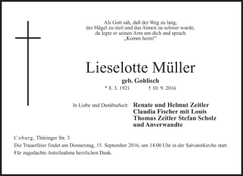 Traueranzeige von Lieselotte Müller von Neue Presse Coburg