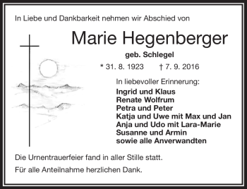Traueranzeige von Marie Hegenberger von Frankenpost