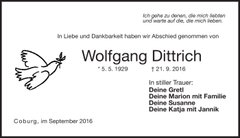Traueranzeige von Wolfgang Dittrich von Neue Presse Coburg