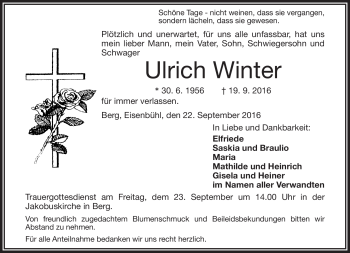 Traueranzeige von Ulrich Winter von Frankenpost