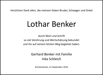 Traueranzeige von Lothar Benker von Frankenpost