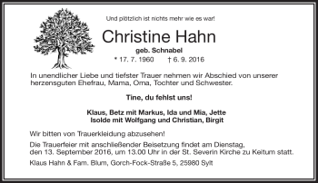 Traueranzeige von Christine Hahn von Frankenpost